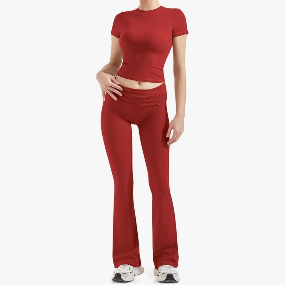 Red Fold Over Flare Leggings Two-Piece Set